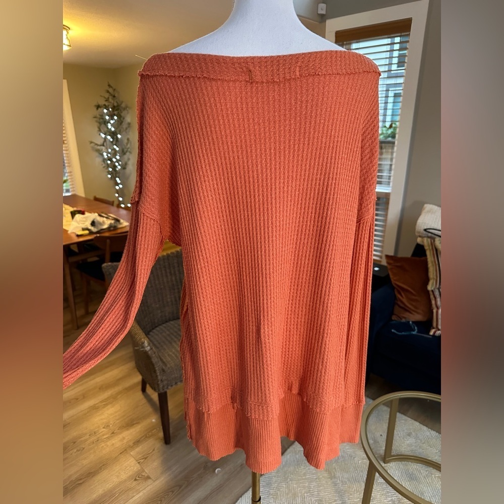 We the free oversized orange coral waffle knit thermal lounge top - Picture 2 of 8